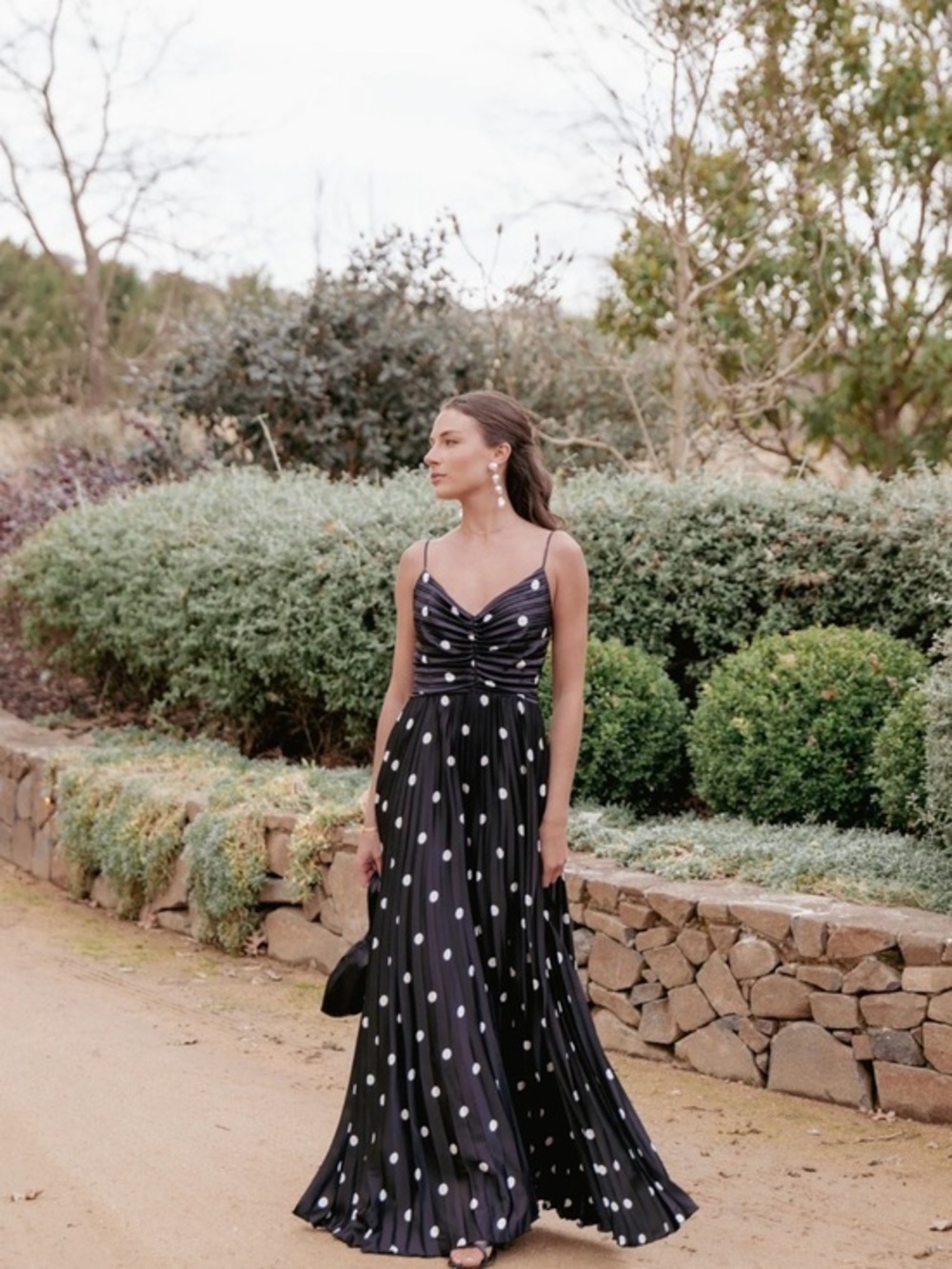 Petal & Pup Naira Dot Pleated Maxi Dress Black with White Polka Dots